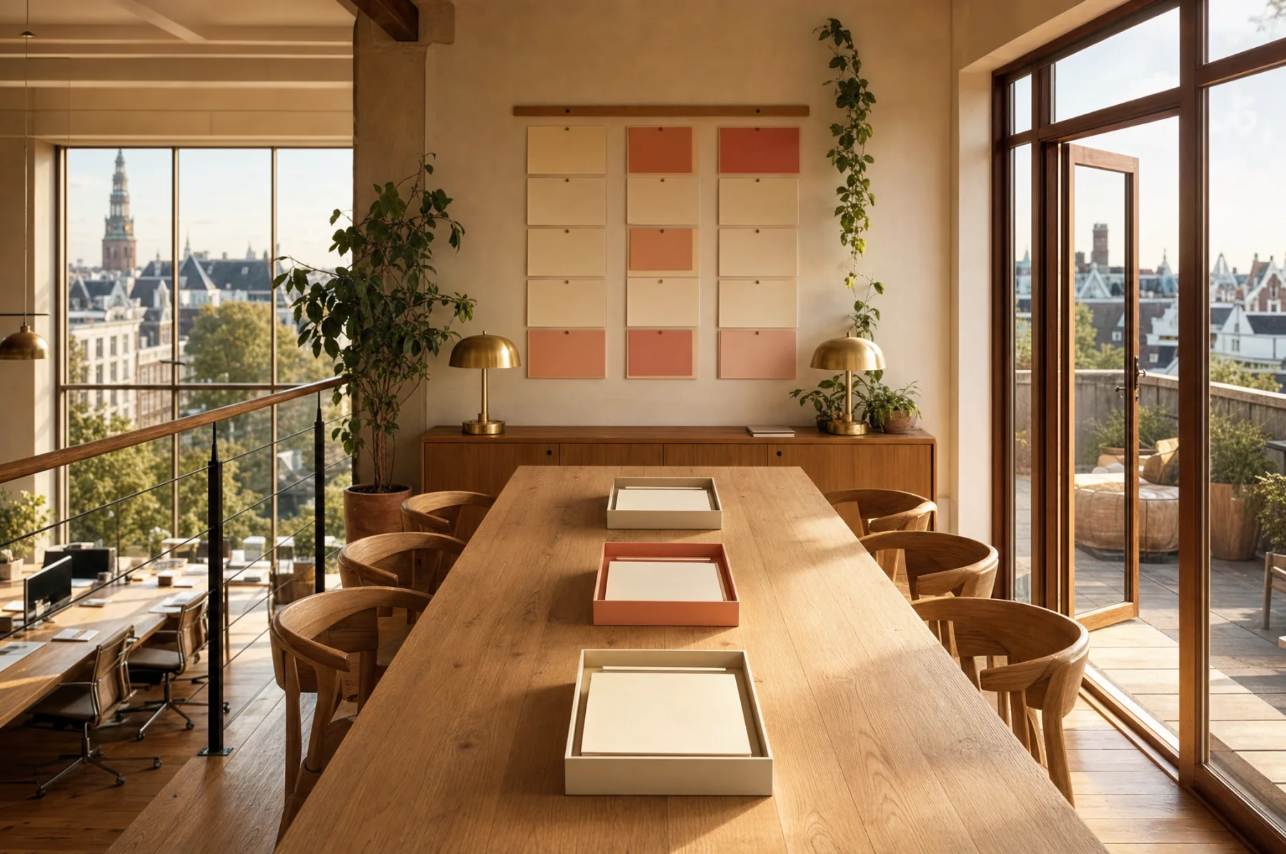 De boardroom uit de film: planningswand met cases in cream en coral, uitzicht over Amsterdamse daken